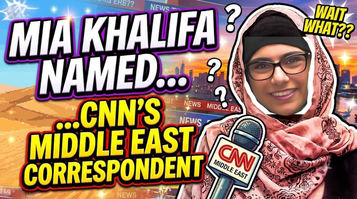 Mia Khalifa at a CNN-style news desk
