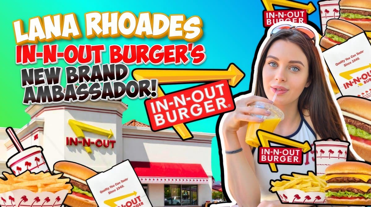 Lana Rhoades posed in front of an In-N-Out Burger logo