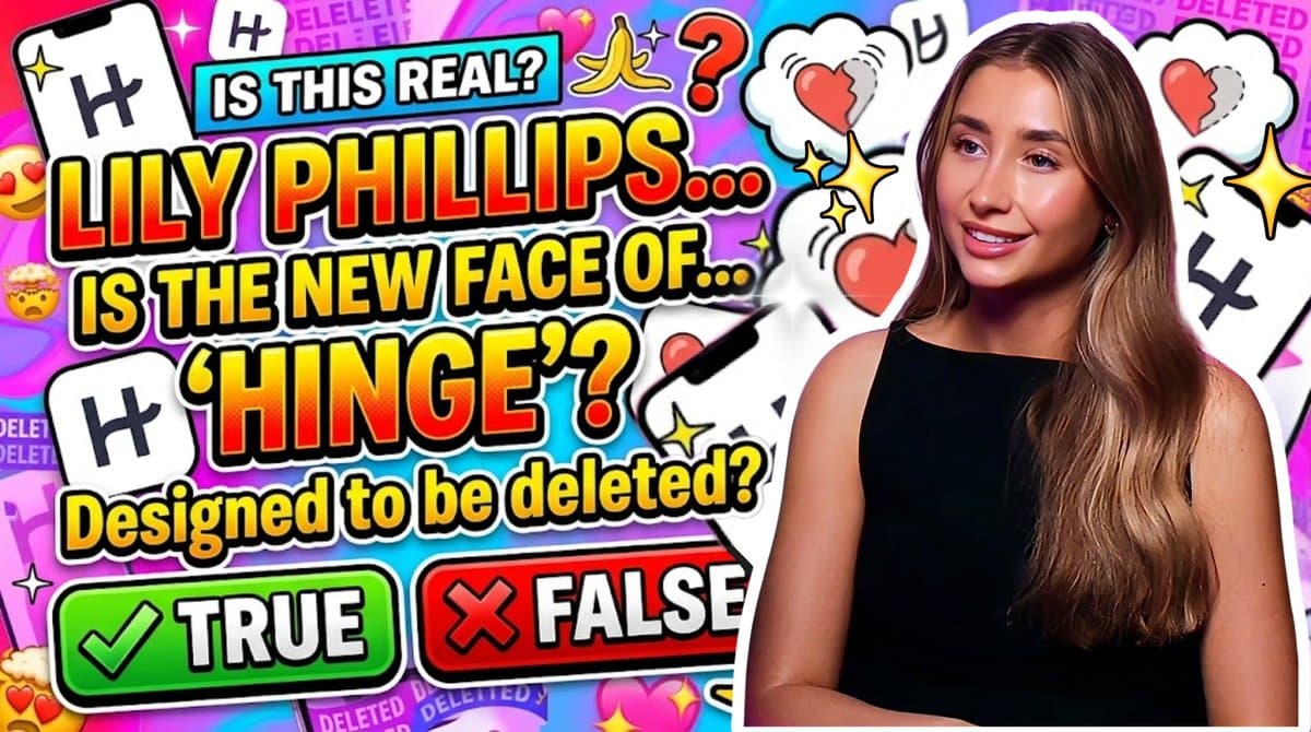 Lily Phillips beside a Hinge ad slogan